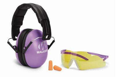 Walker’s GWPYWFM2GFPPUR Folding Muff Combo 23 dB Over the Head Folding Muff, Foam Ear Plugs, Shooting Glasses, Purple/Black Polymer Fits Youth/Women