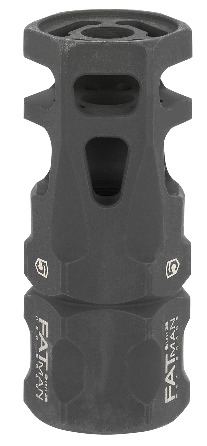 Phase 5 Weapon Systems FATMAN9MM FATman Hex Brake Black Parkerized Steel with 1/2"-36 tpi Threads & 3" OAL for 9mm, 7.62x39mm, 6.8mm AR-Platform