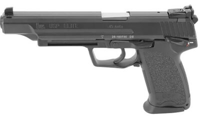 HK 81000367 USP V1 Elite 45 ACP 12+1 6.02″ Stainless Stainless Steel Barrel, Black Long/Serrated Steel Slide, Black Polymer Frame, Black Polymer Grip, Includes Two Mags