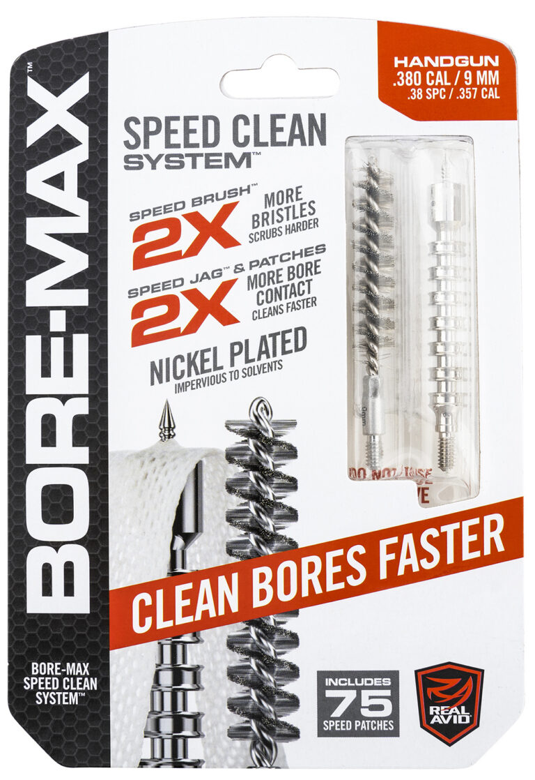 Real Avid AVBMSET9MM Bore-Max Speed Clean Upgrade Set 9mm Pistol Nickle Plated Bristles Blister Pack Case