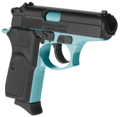 Bersa T380BLM8 Thunder  Micro-Compact Frame 380 ACP 8+1, 3.50″ Robin Egg Blue Cerakote Steel Barrel, Matte Black Serrated Steel Slide, Robin Egg Blue Cerakote Aluminum Frame