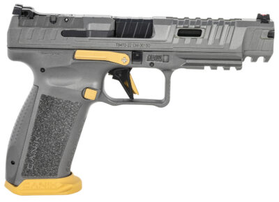 Canik HG6610TN SFx Rival Full Size 9mm Luger 18+1, 5″ Black Steel Barrel, Rival Gray Ported/Serrated Slide, Rival Gray w/Gold Accents Polymer Frame w/Beavertail & Picatinny Rail, Ambidextrous