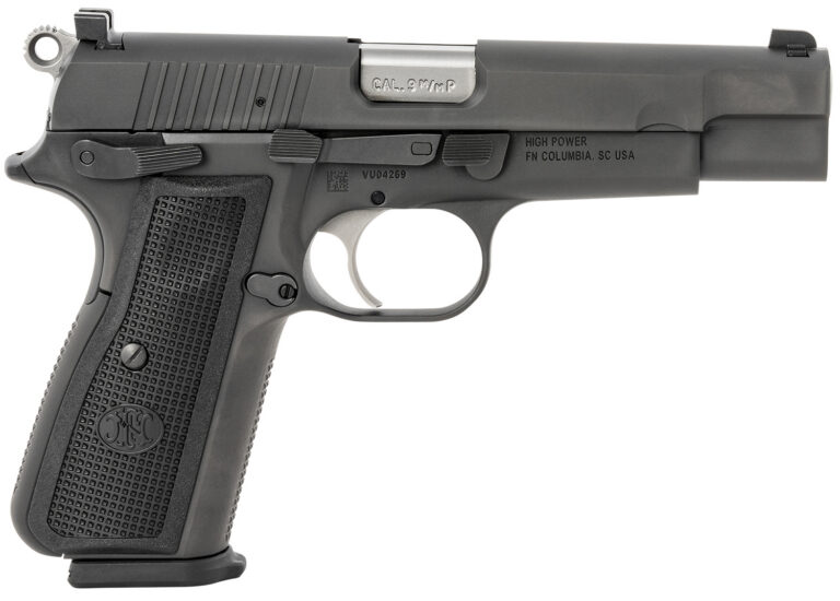 FN 66100256 High Power 9mm Luger 17+1, 4.70" Black Target Crown Steel Barrel, Black PVD Serrated Steel Slide & Steel Frame w/Beavertail, Black Textured Polymer Grip, Ambidextrous