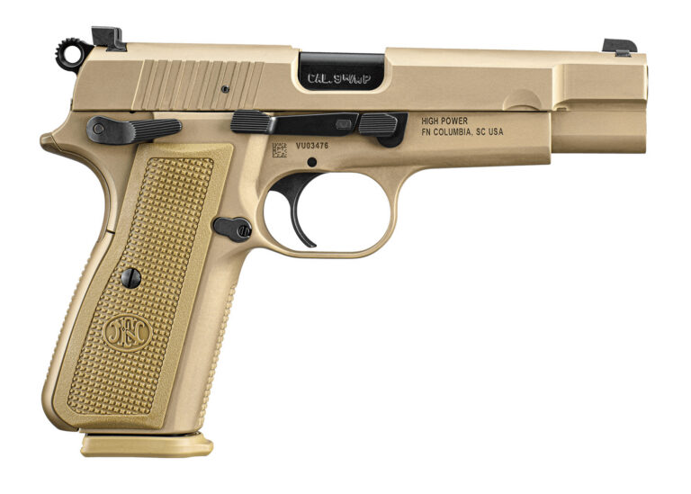 FN 66101069 High Power 9mm Luger 17+1, 4.70" Black Target Crown Steel Barrel, Flat Dark Earth PVD Serrated Steel Slide & Steel Frame w/Beavertail, FDE Textured Polymer Grip, Ambidextrous