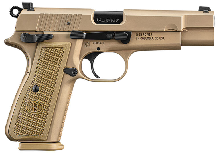 FN 66101117 High Power 9mm Luger 10+1, 4.70" Black Target Crown Steel Barrel, Flat Dark Earth PVD Serrated Steel Slide & Steel Frame w/Beavertail, FDE Textured Polymer Grip, Ambidextrous