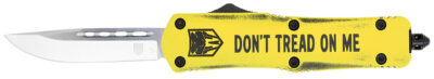 CobraTec Knives MDTOMFS3DNS FS-3 Don’t Tread On Me Medium 3″ OTF Drop Point Plain D2 Steel Blade Yellow w/”Don’t Tread On Me” Aluminum Cerakoted Handle Features Glass Breaker Includes Pocket Clip