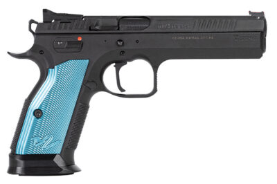CZ-USA 91222 TS 2  40 S&W 17+1 5.28″ Black Steel Barrel, Black Serrated Steel Slide, Black Polycoat Steel Frame w/Beavertail, Blue Checkered Aluminum Grip, Ambidextrous