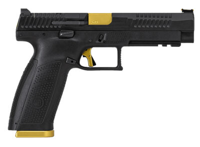 CZ-USA 95180 P-10 F Competition-Ready 9mm Luger 5″ 19+1 Overall Black Finish with Inside Railed Steel with Optic Cut Slide, Polymer Grip, Gold Accents & Picatinny Rail