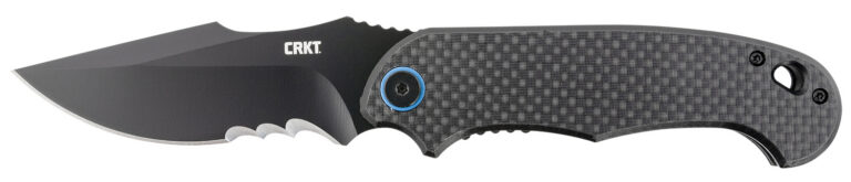 CRKT 7920K P.S.D. 3.63" Folding Recurve Veff Serrated Black EDP 4116 Stainless Steel Blade/ Black w/Blue Backspacer G10/Carbon Fiber Handle Includes Pocket Clip