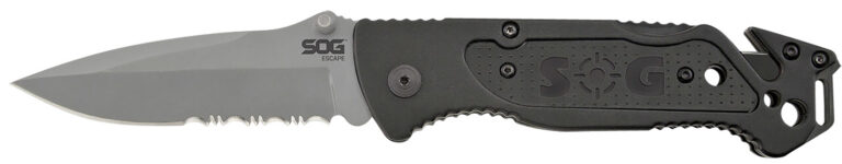 S.O.G SOG-FF24-CP Escape 3.40" Folding Clip Point Part Serrated Bead Blasted 9Cr18MoV SS Blade Black Anodized Aluminum Handle Includes Belt Clip