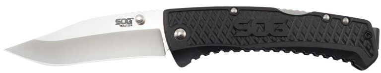 S.O.G SOG-TD1011-C Traction 3.50" Folding Clip Point Plain Satin 5Cr13MoV SS Blade Black Textured GRN Handle Includes Pocket Clip