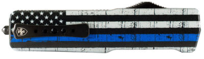 Templar Knife LABTB52 Premium LW We Back You Large 3.50″ OTF Tanto Part Serrated Black Oxide Stonewashed D2 Steel Blade, 5.25″ Black & White w/Blue Line Aluminum Handle