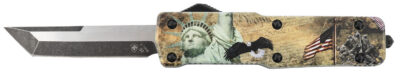 Templar Knife SZLIB221 Premium Weighted Liberty Small 3″ OTF Tanto Plain Black Oxide Stonewashed D2 Steel Blade, 4.50″ Gold w/Statue of Liberty/Flag/Eagle Aluminum Zinc Alloy Handle