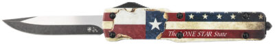 Templar Knife MZTX321 Premium Weighted Texan Slim 3.16″ OTF Drop Point Plain Black Oxide Stonewashed D2 Steel Blade, 4.93″ Red/White/Blue w/”The LONE STAR State” Aluminum Zinc Alloy Handle