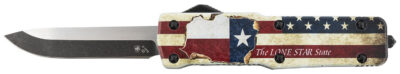 Templar Knife SZTX321 Premium Weighted Texan Small 3″ OTF Drop Point Plain Black Oxide Stonewashed D2 Steel Blade, 4.50″ Red/White/Blue w/”The LONE STAR State” Aluminum Zinc Alloy Handle
