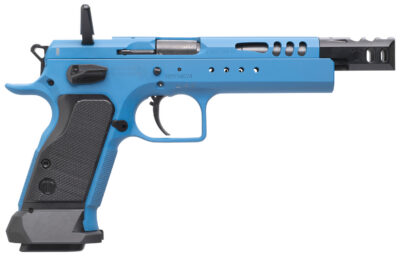 Tanfoglio IFG TFDOM9 Domina  9mm Luger Caliber with 5.20″ Barrel, 17+1 or 19+1 Capacity, Overall Blue Finish Steel, Beavertail Frame, Ported Slide & Black Polymer Grip
