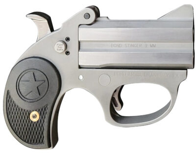 Bond Arms BASRS Stinger  9mm Luger 2rd 2.5″ Matte Stainless Steel Double Barrel & Frame, Rebounding Hammer, Blade Front/Fixed Rear Sights, Black Rubber Grip, Manual Safety