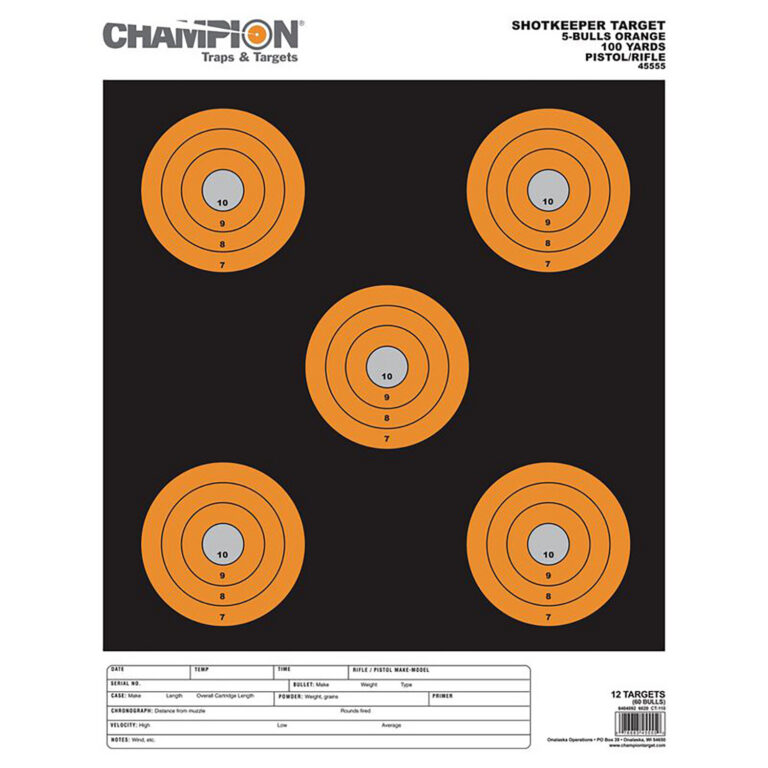 Champion Targets 45555 Shotkeeper 5" Bullseye Paper 100 yds Pistol/Rifle Large Black/Orange 12 PK