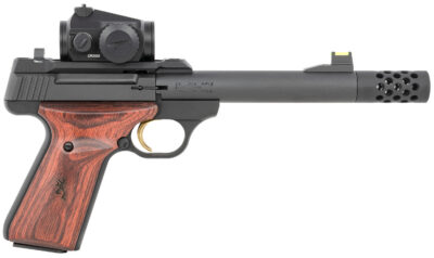Browning 051580490 Buck Mark Hunter 22 LR 10+1 5.90″ Bull/Threaded/Muzzle Brake Barrel, Matte Black Serrated Steel Slide & Aluminum Frame Laminate Cocobolo Grips, Vortex Crossfire Red Dot