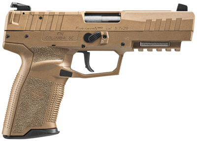 FN 66101277 Five-seveN MRD 5.7x28mm 10+1 4.80″ Black Steel Barrel, Flat Dark Earth Optic Cut/Serrated Steel Slide & Polymer Frame w/Picatinny Rail, FDE Textured Polymer Grip, Ambidextrous