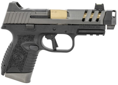 FN 66101350 509 CC Edge 9mm Luger 10+1 (3) 4.20″ Threaded Gold Barrel, Black Frame, Graphite Optic & Lightening Cut Slide, Optic Height Fiber Optic Sights, Compensator (No Manual)