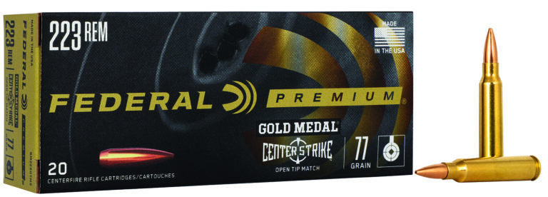 GOLD MEDAL PREMIUM CENTERSTRIKE 223 REMINGTON RIFLE AMMO 223 REMINGTON 77GR CENTERSTRIKE OPEN TIP MATCH 20/BOX