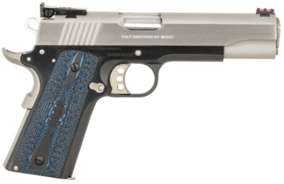 Colt Mfg O5970GCLTT Gold Cup Lite 45 ACP 8+1 5″ Stainless National Match Barrel, Brushed Stainless Serrated Slide, Black/Stainless Stainless Steel Frame w/Beavertail, Blue Scalloped Checkered G10 Grip
