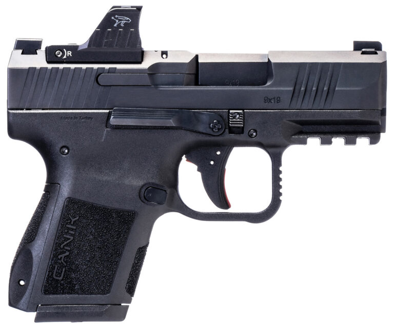 Canik HG7620VN Mete MC9 9mm Luger 15+1, 3.18" Black Steel Barrel, Black Tenifer Cerakote Optic Ready/Serrated Steel Slide, Black Polymer Frame w/Picatinny Rail, MeCanik M01 Red Dot