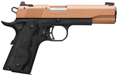 Browning 051895490 1911 Black Label Full Size Frame 22 LR 10+1, 4.25″ Matte Stainless Steel Barrel, Copper Cerakote Serrated Slide, Matte Black Polymer Frame w/Beavertail, Black Laminate Wood Grip