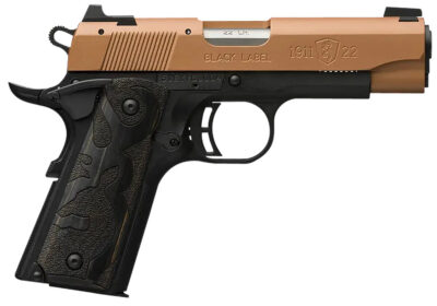 Browning 051896490 1911 Black Label Compact Frame 22 LR 10+1, 3.63″ Matte Stainless Steel Barrel, Copper Cerakote Serrated Slide, Matte Black Polymer Frame w/Beavertail, Black Laminate Wood Grip