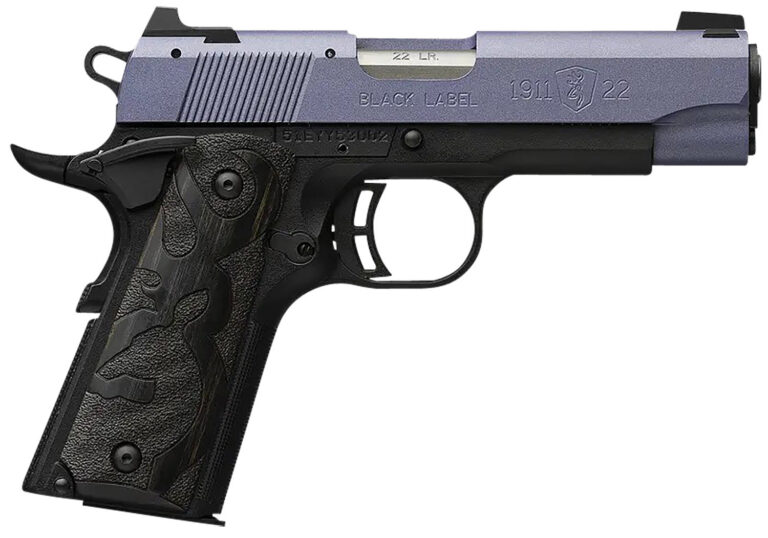 Browning 051894490 1911 Black Label Compact Frame 22 LR 10+1, 3.63" Matte Stainless Steel Barrel, Crushed Orchid Cerakote Serrated Slide, Matte Black Polymer Frame w/Beavertail