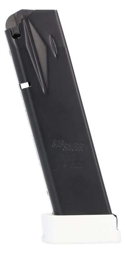 P226 9MM LUGER HANDGUN MAGAZINE WITH ALUMINUM BASEPAD P226 9MM LUGER 20-RD STEEL MAGAZINE W/WHITE BASEPAD BLACK