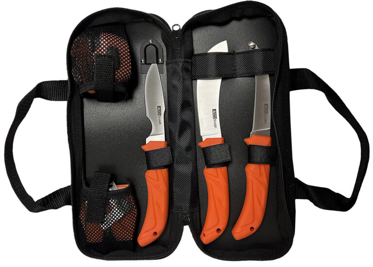 AccuSharp 738C Processing Kit Fixed Butcher/Caping/Gutting Plain Stainless Steel Blades/Blaze Orange Non-Slip Grip 6 Piece Includes Nylon Case