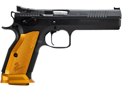 CZ-USA 91266 TS 2  9mm Luger 20+1 5.28″ Stainless Bull Barrel, Black Serrated Steel Slide, Black Polycoat Steel Frame w/Beavertail, Orange Checkered Aluminum Grip