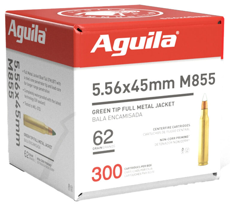 Aguila 1E556125 Green Tip M855 5.56x45mm NATO 62 gr Full Metal Jacket Boat-Tail (FMJBT) 300 Per Box/ 4 Cs