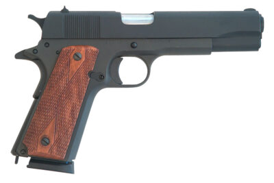 Cimarron 1911 1911  .45 ACP 8+1, 5.03″ Black Steel Barrel, Black Parkerized Serrated Slide & Frame, Checkered Walnut Grips