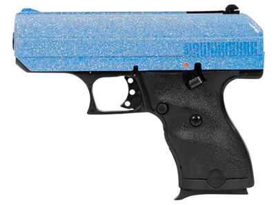 Hi-Point 916BLSP C9  9mm Luger 8+1 3.50″ Black Steel Barrel, Hydro-Dipped Blue Sparkle Serrated Slide, Black Polymer Frame, Black Polymer Grips
