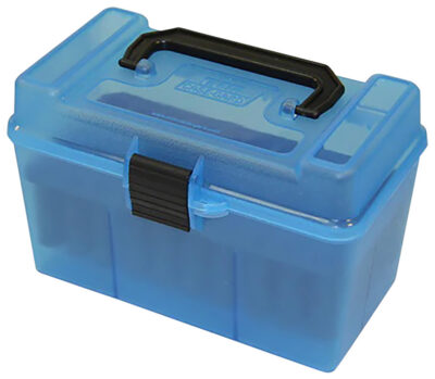 MTM DELUXE AMMO BOX 50 RD HANDLE 25-06 30-06 270 WIN CLR BLUE
