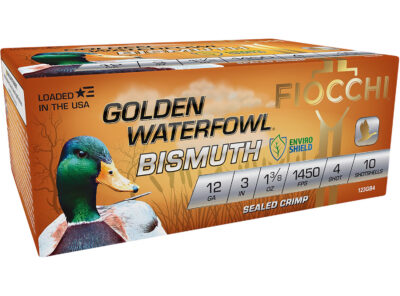 Fiocchi 123GB4 Golden Waterfowl Bismuth 12Gauge 3″ 1 3/8oz 4Shot 10 Per Box/10 Case