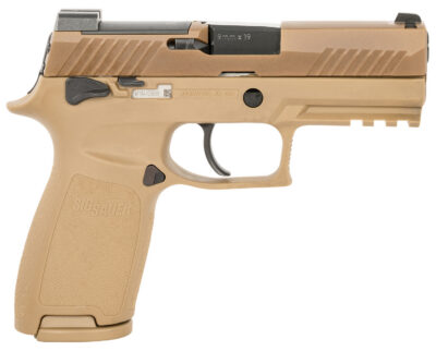 Sig Sauer 320CA9M18MSCA P320 M18 *CA Compliant Carry Frame 9mm Luger 10+1, 3.90″ Black Carbon Steel Barrel, Coyote PVD Serrated Stainless Steel Slide, Coyote PVD Stainless Steel Frame w/Beavertail & Picatinny Rail, Coyote Polymer Grip, Manual Safety, Ambi
