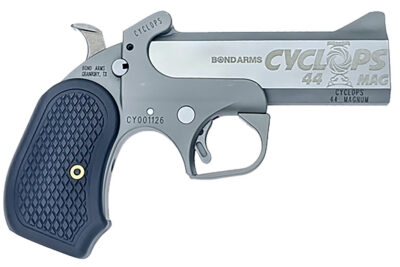 Bond Arms BACY Cyclops Big Bore 44 Mag 1rd, 4.25″ Matte Stainless Steel w/Engraved Barrel, Matte Stainless Steel Frame, Black Extended B6 Resin Grip