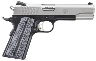 Ruger  SR1911  Full Size 9mm Luger 9+1 5″ Stainless Steel Barrel, Satin Stainless Steel Serrated Slide, Black Anodized Aluminum Frame w/Beavertail, Black/Gray G10 Grip