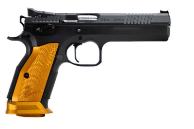 CZ-USA 91265 TS2  40 S&W 17+1 5.20″ Black Bull Barrel, Black Slide, Black Polycoat Frame, Orange Checkered Aluminum Grip