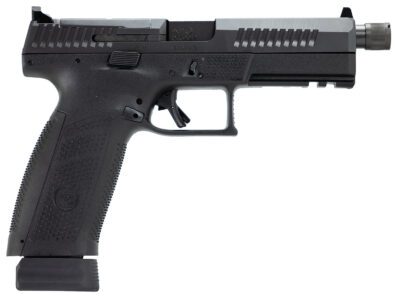 CZ-USA 91556 P-10 F  9mm Luger 21+1 5.10″ Black Steel Threaded Barrel, Black Nitride Optic Ready/Serrated Steel Slide, Black Polymer Frame w/Picatinny Rail, Ambidextrous