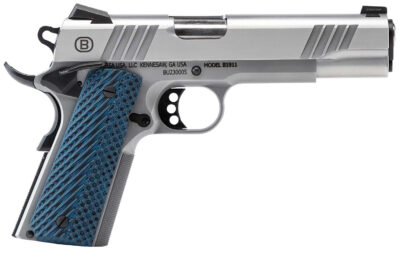 Bersa B19117050SMBL B1911  Full Size Frame 45 ACP 8+1 5″ Stainless Steel Barrel, Polished Stainless Serrated Steel Slide, Matte Stainless Stainless Steel Frame w/Beavertail, Blue VZ Grip, Ambidextrous