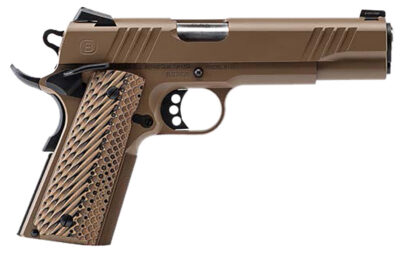 Bersa B19117050DEHB B1911  45 ACP 8+1 5″ Stainless Steel Barrel, Flat Dark Earth Serrated Slide, Flat Dark Earth Stainless Steel Frame w/Beavertail, FDE VZ Grip