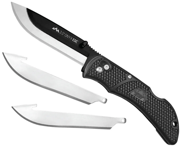 Outdoor Edge OX10C Onyx 3 Blades, 3.50" Folding Drop Point Plain Satin/Black Oxide 420J2 SS Blade, 4.50" Black Textured Grivory Handle