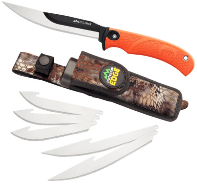 Outdoor Edge RMB20C RazorMax  6 Blades, 3.50″ Drop Point/5″ Boning Fillet Folding Plain Satin/Black Oxide 420J2 SS Blades, Blaze Orange Textured TPR Handle