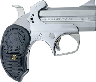 Bond Arms BAPB Papa Bear  45 Colt (LC)/410 Gauge 2rd 3″ Stainless Steel Double Barrel & Frame, Auto Extractors & Rebounding Hammer, Blade Front/Fixed Rear Sights, Extended Rubber Grip, Manual Safety