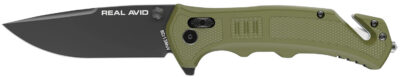 Real Avid AVRAV4 RAV-4  3.25″ Folding Drop Point Plain Black Oxide 8Cr13MoV SS Blade, OD Green Textured GFN Handle, Clamshell Pkg